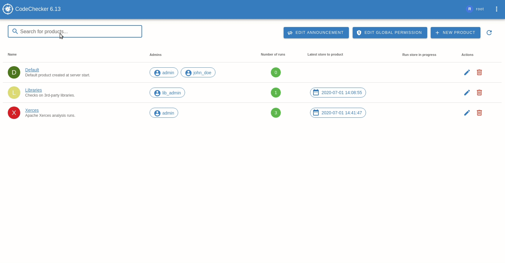 Web interface showing list of analysed projects and bugs