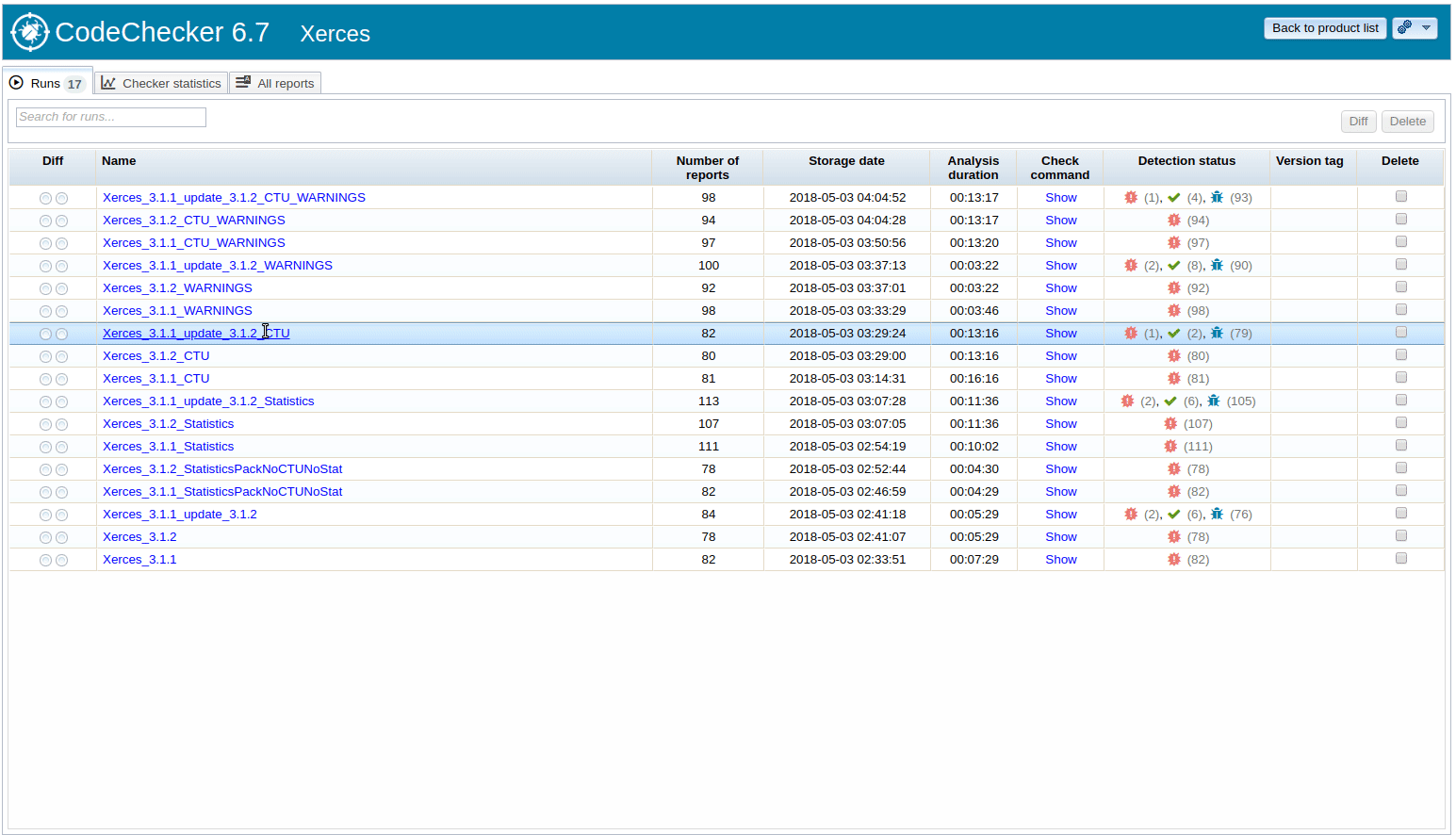 Web interface showing list of analysed projects and bugs